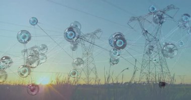 Şafak ışığı kürelerin kulelere doğru sürüklenmesine ve parlayan ağ haritalama veri akışını oluşturmasına neden oluyor. Gelecek, bağlantı, teknoloji, dijital, soyut, yenilik, enerji