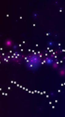 Beyaz benekli noktalar yıldızlı gece gökyüzü animasyonunun üzerinde desenler oluşturuyor. Galaksi, pikseller, dijital sanat, soyut, kozmik, evren