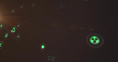 Sıcak mercek patlaması yeşil enerji ikonlarının dönmesine ve ortamı renklendirmesine neden oluyor. Sürdürülebilirlik, çevre dostu, teknoloji, yenilik, temiz enerji, çevrecilik, dijital sanat