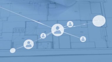 Planın üzerinde tek bir kullanıcı simgesi beliriyor, yumurta çizgileri ve düğümler oluşuyor, ağ genişlemesi gösteriliyor. Ağ, plan, taslak, bağlantı, teknoloji, işbirliği, mimari