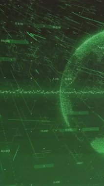 Dijital dünya ve veriler ağ bağlantılarıyla yeşil arkaplan üzerinde animasyon olduğunu gösteriyor. Teknoloji, bağlantı, fütürist, küresel, iletişim, siber