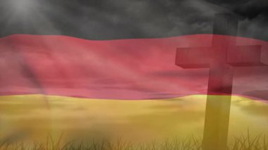 Fırtına bulutlarının ayrılması ışın alanı ve kırmızı-altın bayrağın çapraz siluetin yanında dalgalanmasına neden oluyor. Dramatik, ilham verici, sembolik, ruhani, manzaralı, atmosferik, düşünceli.