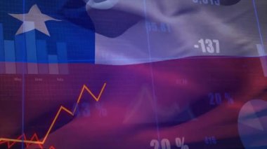 Şili bayrağı dalgalanıyor, bar çizelgesi düşüyor ve finansal eğilimler için turuncu çizgi yükseliyor. Borsa, mali analiz, veri görselleştirme, küresel ekonomi, bilgi, iş büyümesi, dijital eğilim