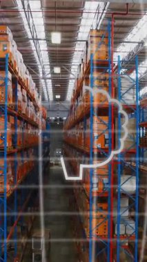 Raflar ve kutularla dolu bir depoda yapay zeka animasyonu. Teknoloji, yapay zeka, yenilik, lojistik, otomasyon, depolama