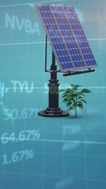 Grafik ve ticaret panosunun üzerinde bitkiler olan güneş panellerinin animasyonu. Dijital bileşik, çoklu pozlama, finans, yatırım, güneş enerjisi, elektrik, yeşil teknoloji ve sürdürülebilirlik kavramı.