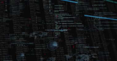 Çift haneli rakamlar çarpma, çubuk kaydırma, düzenleme ortaya çıkıyor, tehdit taraması için radar döndürme. Teknoloji, siber güvenlik, veri görselleştirme, dijital arayüz, analitik, izleme, bilgi