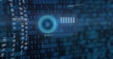 Kamera süzülmesi holografik UI 'yi başlatıyor, grafik kodlar oluşturuyor ve ikili akışı görselleştiriyor. Teknoloji, veri görselleştirme, fütüristik, dijital arayüz, sibernetik, bilgi, ağ