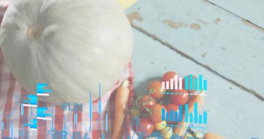 Balkabağı havuçları ve domateslerin üzerinde çizelgelere dönüşen çubuklar ölçüler üretir. Tarım, tarım, tarım tazeliği, veri görselleştirme, organik, sağlık, kırsal