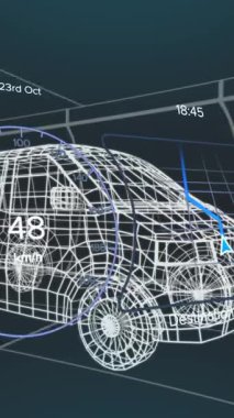 Donanma arka planındaki elektrikli minibüs projesinde hız göstergesi animasyonu. elektrikli araba, yeşil enerji, eko güç, sürdürülebilirlik ve teknoloji konsepti dijital olarak oluşturulmuş video.