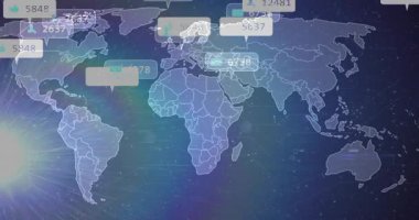 Lens parlamaları ve büyücülük ızgarası ortaya çıkıyor. Dünya haritasında beliren veri etiketleri ölçümleri gösteriyor. Küresel, görselleştirme, fütüristik, analitik, dijital, ağ, soyut