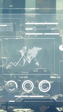 Şehir manzarasının havadan görüntüsü üzerinden grafikler, harita, daireler ve çubuklar yükleme animasyonu. Dijital bileşik, çoklu pozlama, rapor, iş dünyası, küresel ilerleme, binalar ve mimari konsept.