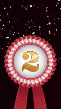 Madalya animasyonu, iki numaralı altın, kırmızı kurdele ve siyah arka planda yüzen konfeti. Başarı ve kutlama konsepti dijital olarak oluşturulmuş video.