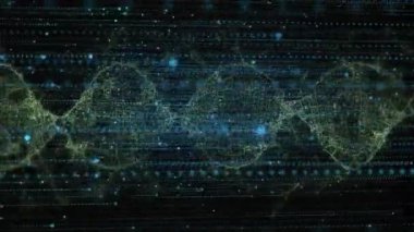 Belirsiz veri akışları sağa doğru sürüklenerek kıvılcım saçarak DNA sarmalını oluşturur ve parçacıklara ayrılır. Holografik, fütüristik, soyut, teknoloji, ağ, bağlantı, dijital