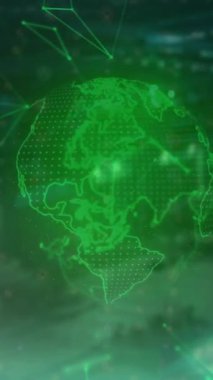 Dijital veri işleme ve dünya üzerindeki bağlantıların animasyonu. Dijital olarak oluşturulmuş küresel bağlantılar, hesaplama ve veri işleme kavramı.