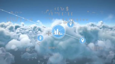 Bulutların üzerinde veri işleme animasyonu. küresel iş, finans, bağlantılar ve dijital arayüz konsepti dijital olarak oluşturulmuş video.