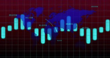 Harita ızgarası üzerinden parlayan deniz mavisi çubukları yüklerken ve güncellerken yay üzerinden veri akışını görselleştirirken. Coğrafya, veri görselleştirme, dijital arayüz, analitik, teknoloji, fütüristik, ağ