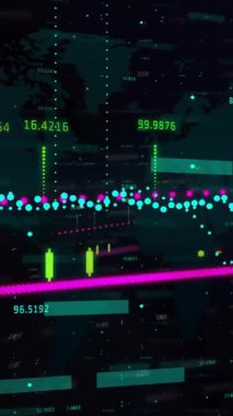 Karanlık arka planda finansal veri işleme sisteminin animasyonu. Küresel finans, iş, bağlantılar, hesaplama ve veri işleme kavramı dijital olarak oluşturulmuş video.