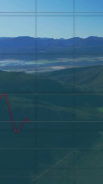 Veri işleme ve manzara üzerindeki diyagramların animasyonu. Küresel iş, doğa ve dijital arayüz kavramı, dijital olarak oluşturulmuş video.