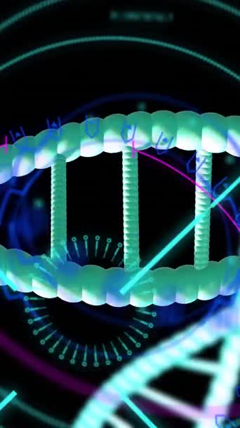 Animation of dna strands spinning with data processing over black background. Global science research and data processing concept digitally generated video.