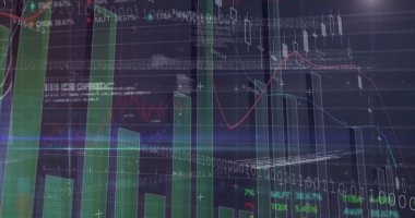 Ticari arayüzde veri gösterimi, grafik elemanları, ikili kod, yüzde etiketler ve ızgara ile. Finansal, analitik, görselleştirme, teknoloji, veri, yatırım, dijital