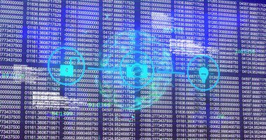 Ekranda, birbirine bağlı asma kilit, zarf ve kulaklık simgeleriyle dijital kontrol paneli veri akışı. Siber güvenlik, veri görselleştirme, ağ, şifreleme, analitik, teknoloji, arayüz