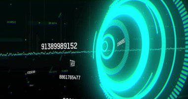 Sanal uzayda titreşen neon yoğunlaştırılmış halka görüntüsü, ızgara çizgileri, sayılar, kopyalama uzayı. Gelecek, teknoloji, dijital, holografik, soyut, veri, görselleştirme