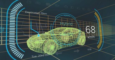 Şebeke arayüzünde hız göstergesi ve navigasyon okuyla neon sarı telli araba gösteriliyor. Dijital, teknoloji, fütüristik, yenilik, ulaşım, arayüz, araç
