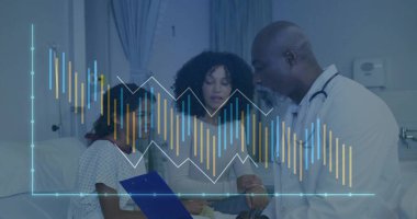 Consulting doctor reviewing blue clipboard with child and guardian in hospital room, graph overlay. Medical, healthcare, pediatric, patient care, professional, clinical, diagnostics