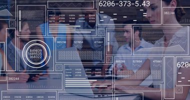 Collaborating professionals analyzing data in conference room, with laptops and translucent panels. Data, teamwork, technology, business, innovation, modern, analytics