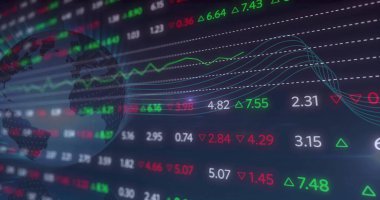 Kırmızı ve yeşil oklar, dünya ve trend çizgileri ile ticaret arayüzünde güncellenen saatleri göster. Finansal, teknoloji, analitik, veri görselleştirme, dijital, yenilik, ekonomik