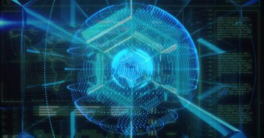 Glowing holographic globe emitting digital beams on console, with hexagonal overlay and UI panels. Technology, innovation, visualization, interface, digital, cybersecurity, analytics