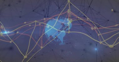 Floating translucent blue globe in purple network field, with yellow orange graph, numeric labels. Technology, innovation, analytics, futuristic, digital, connectivity, data