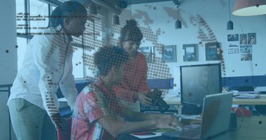 Collaborating three colleagues reviewing data on laptop at office desk, with DSLR camera and cables. Teamwork, innovation, modern, technology, professional, productivity, creative