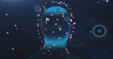 Displaying digital wireframe head glowing grid in interface, with data icons and network lines. Futuristic, technological, abstract, innovation, cyberspace, connectivity, data visualization