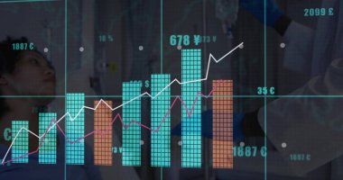 Doctor in scrubs and gloves adjusting IV fluid bag in hospital room, chart overlay, copy space. Medical, healthcare, technology, medication, recovery, analysis, wellness