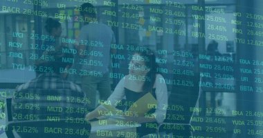 Colleagues discussing stock forecasts at high-top table in office lounge, ticker overlay. Collaboration, teamwork, business, finance, modern, professional, discussion