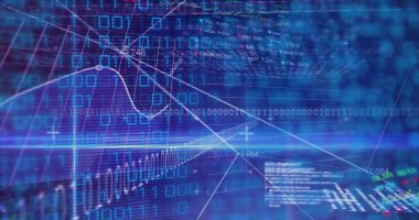 İkili kod ve finansal çizgi grafikleriyle şebeke boşluğunda yüzen veri görselleştirmesi gösteriliyor. Futuristik, teknoloji, analitik, dijital, veri, soyut, siber