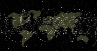 Koyu temalı zeytin yeşili dünya haritası gösteriliyor, beyaz noktalı sinüs dalgaları, noktalar, ikili etiketler gösteriliyor. Teknoloji, veri, analitik, dijital, ağ, fütürist, görselleştirme
