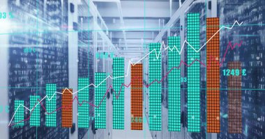 Displaying colored bar chart rising across data center corridor, with server racks, code streams. Technology, data visualization, industrial, analytics, cybersecurity, hardware, digital