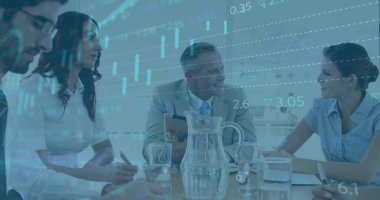 Leading meeting man wearing grey suit, blue tie holding tablet at conference table with data charts. Business, teamwork, collaboration, analytics, presentation, corporate, strategy