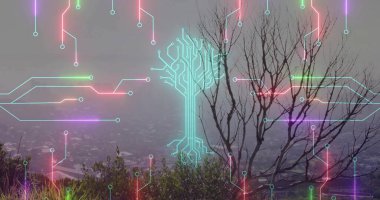 Displaying neon circuit-tree icon overlaying misty hilltop, with bare branches and circuit lines. Nature, technology, futurism, digital, abstract, creative, urban