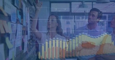 Team in business attire examining sticky notes holding notebook in office, digital charts overlay. Collaboration, innovation, brainstorming, productivity, analytics, teamwork, modernity