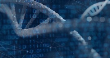 Rotating 3D DNA helix floating in molecular network, with binary overlay, glowing nodes, bokeh orbs. Molecular, technology, science, digital, futuristic, innovation, data