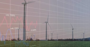 Rising single large wind turbine over grassy plain at dusk, with grid overlay and line graphs. Renewable, sustainability, technology, environmental, energy, modern, eco-friendly