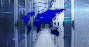 Showing data center corridor featuring digital world map overlay, with server racks blinking LEDs. Technology, cybersecurity, innovation, digital, infrastructure, networking, futuristic