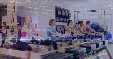 Kneeling five women in sportswear grasping reformer bars in pilates studio, with financial overlay. Fitness, group exercise, wellness, strength, health, modern studio, empowerment