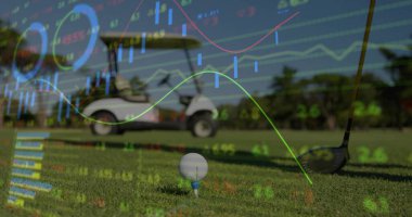Displaying golf ball on blue tee beside driver head on fairway with golf cart, chart overlays. Sport, finance, analysis, outdoor, leisure, precision, visualization