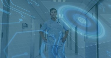 Standing doctor wearing blue scrubs in hospital hall, with stethoscope and holographic interface. Medical, healthcare, technology, futuristic, professional, diagnostics, innovation