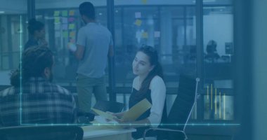 Reading woman holding yellow folder at office meeting area with sticky notes, copy space. Collaboration, teamwork, brainstorming, modern workspace, business meeting, planning session, group activity