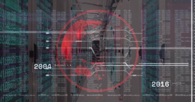 Kırmızı arayüz, dünya haritasını raf koridorunda gösteriyor. Kod akışları ve zaman çizelgeleri var. Teknoloji, veri, siber güvenlik, dijital, ağ, yenilik, fütüristik